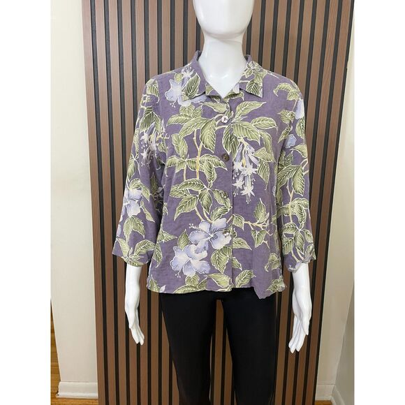 Tommy Bahama Women's 12 Purple Button-Up Silk Shirt Floral Aloha Tropical Beach - Picture 1 of 9